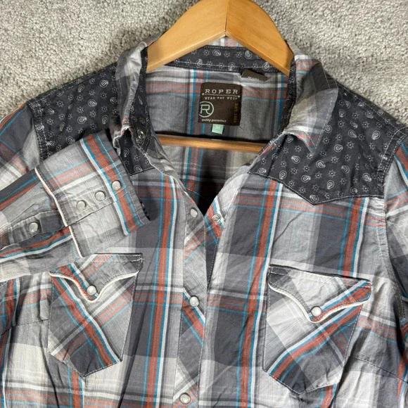 Roper Women's M Plaid Pearl Snap Western Rodeo Shirt Gray - Picture 7 of 10